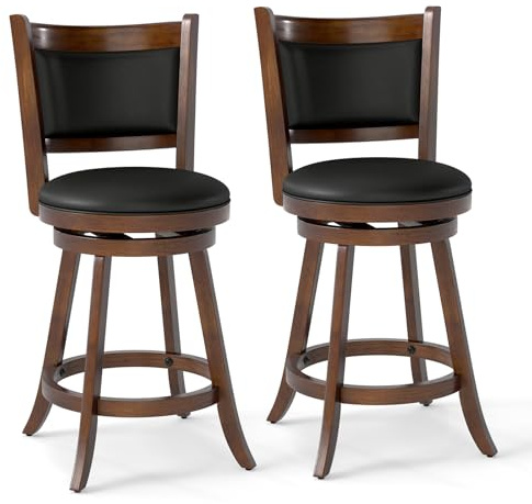 COSTWAY Bar Stools Set of 2, 360 Degree Swivel, Accent Wooden Swivel Seat Counter Height Bar Stool, Leather Upholstered Design, PVC Cushioned Seat, Perfect for Dining and Living Room (Height 24)