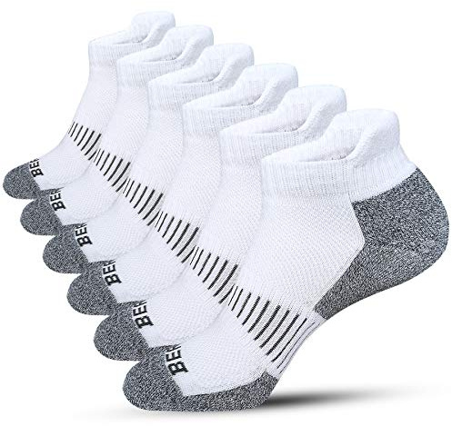 BERING Men's Athletic Running Ankle Socks Cushioned Heel Tab, Size 9-12, White, 6 Pairs