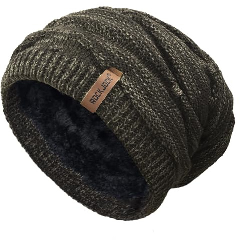 RockJock Mens Winter Knitted Slouch Beanie with R80 Thermal Insulation and Cosy Fleece Lining-Olive