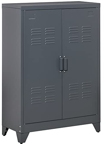 HOMCOM Armario de Almacenamiento Aparador de Metal 75x33x110 cm Gris | Doble Puerta, Cierre Magnético, 2 Estantes Ajustables, para Oficina Salón Dormitorio
