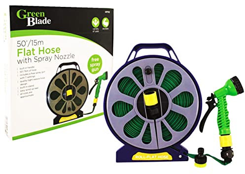 15M Green Blade Flat Garden Hose Reel | Compact | Spray Nozzle | 7 Settings | Water | Irrigation | Pipe | Free Standing | Home | Patio | Car Wash | Indoor | Outdoor | Gardening | DIY | UK Free P&P