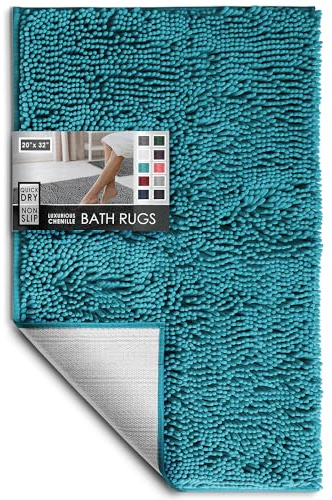 Hearth & Harbor Bathroom Rugs, Chenille Bath Mat - Machine Washable Bath Mats for Bathroom Non-Slip Backing Rubber, Quick Dry Bathroom Mat, Medium Teal