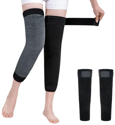 Kniewärmer Winter Verdickt Kniebandage Gefüttert Beinstulpen Verstellbar Knieschützer Kunstfell Knieorthese Rutschfest Knieschoner Thermo Knieprotektor für Erwachsene Knieverletzung Schwarz Lang XXL