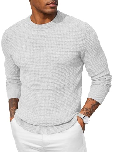 COOFANDY Pull Homme col Rond Pulls Fin Homme pour Pullover Tricot Sweats Slim Hiver Business légers décontracté Blanc XL