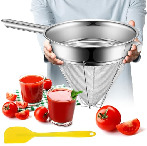 SiliFine Stainless Steel Reinforced Bouillon Sieve Strainer Cone Fine Mesh Strainer with Handle and Rubber Pestle for Kitchen Food Cooking(10 Inch)