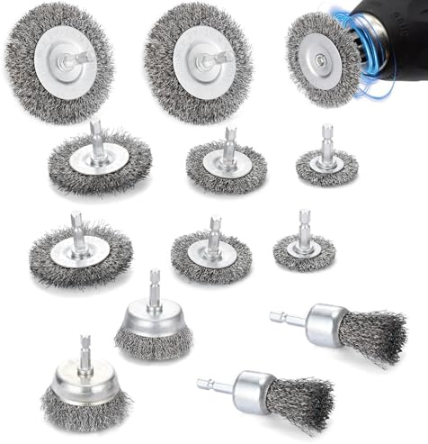 12 Piezas Cepillo de Alambre Taladro Multifuncional Set, Cepillo Ruedas y Vasos Metálico de Mango Hexagonal, Cepillo de Copa Rueda de Alambre Acero para Pulir Lijar