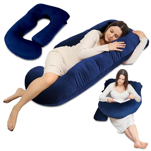 Gravidkudde XXL 180 cm helomslutande – body pillow omsluter hela kroppen för gravida stödjer rygg och mage överdrag i sammet tvättbar – OEKO-TEX certifierad Mörkblå