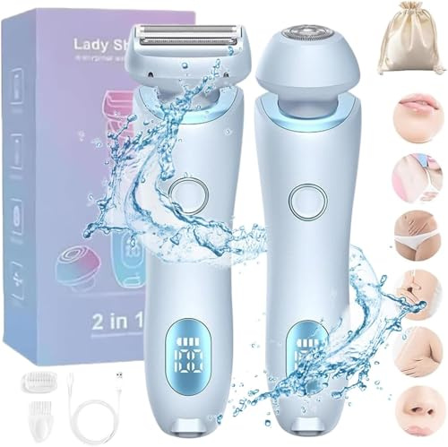 Lady Shaver for Women, 2 in 1 Waterproof Electric Women's Razor for Face Lips Arms Legs Armpits Bikini, Wet & Dry, Painless Hair Removal, Rechargeable Women's Shaver(Blue)