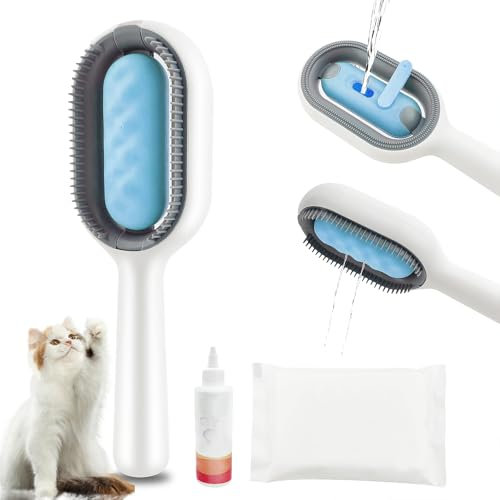 lomdung Peigne D'épilation des Poils D'animaux avec Réservoir D'eau, Brosse Portable avec Lingettes Humides et Sérum, Brosse Chien Chat à Vapeur, Peigne Autonettoyante pour Massage Soin, Bleu