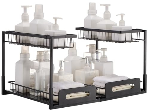 VEVOR 2 Tier Pull Out Cabinet Organizer(10.7 W x 14.2 D), Under Sink Organizer and Storage, Slide Out Drawer, Wire Basket Sliding Shelf, 25.5 Wx15.5 Dx13 H Install Size for Cabinet (2 Pack)