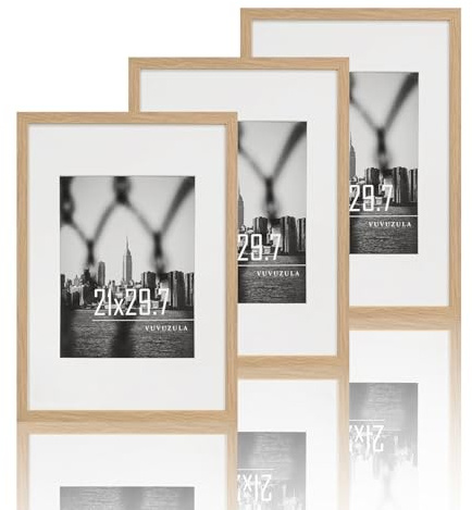 VUVUZULA bildram A4 21 x 30 cm fotoram träram ek ram set om 3 DIN A4 med passepartout certifikat natur
