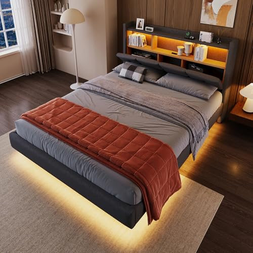 FEZTOY Polsterbett 140x200cm, LED Kopfteil mit USB Ladefunktion und höhenverstellbar Höhe, Doppelbett invl-Lattenrost, Stauraumbett Funktionsbetten Bettgestell, ohne Matratze (Grau G, 140x200)