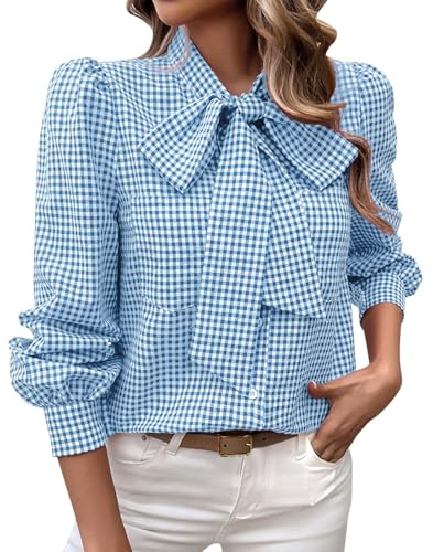 Chemisier habillé boutonné à manches bouffantes avec nœud papillon sur le devant pour femme, bleu, S