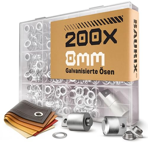 BAURIX® Ojales Metálicos Ø 8 mm 200 Piezas – para lonas y toldos | Ojales de latón con inserto magnético para lonas, toldos, cuero y cortinas – remachadora TALOS aparte.