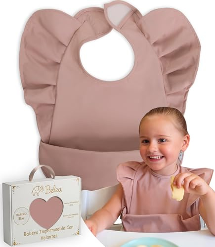 BELEA Baberos Bebe Impermeables BLW sin Mangas con Volantes Ajustable de 6 Meses a 5 Años Bolsillo Recogemigas Babete Impermeável Bebe Waterproof Sin BPA Lavable Regalo Babyshower Cumpleaños Bebé Niña