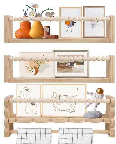 Neulriscn Nursery Book Shelves for Wall, 40cm Wooden Floating Book Shelves Set of 3, Wall Mounted Kids Bookshelf with Hanging Rail, Baby Nursery Decor Toy Display Storage Shelf for Kids Room, Bedroom