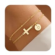 TINGN Bracelet Femme Or - Bracelet Plaqué Or 14 Carats avec Croix - Bracelet Superposé Personnalisé avec Monogramme et Lettres - Bracelet en Or pour Femme - Cadeau de Baptême pour Femmes, Adolescentes