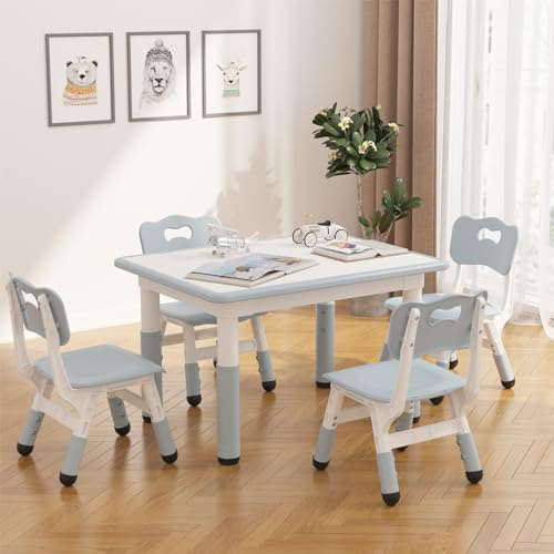 OPULENTHOME Barnbord med stol - justerbar höjd, barnskrivbord med 4 stolar halkfri design, skrivbordsset för sovrum och dagis klassrum (grå)