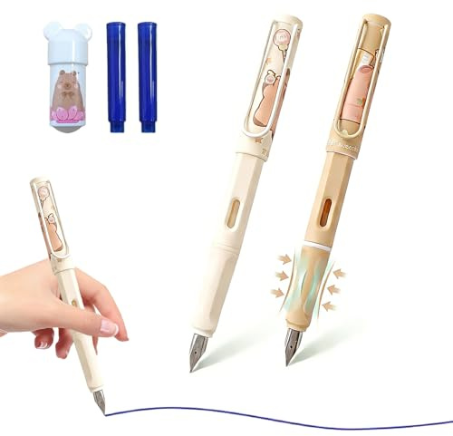 2 Capybara Radierbarer Füllfederhalter,0.38mm Blaue Füllhalterfür Schule & Alltag Mit 2 Tintenpatronen Schreiben, Radieren & Korrigieren in Einem Für Rechts- & Linkshänder,Schule & Uni