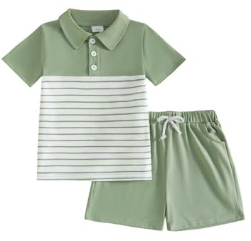 eqenkely 2 Pezzi Completi Set per Bambino di Vestiti Estivi Poloshirt Top a Righe da Maniche Corte e Pantaloncini con Tasca Tuta per Bambini