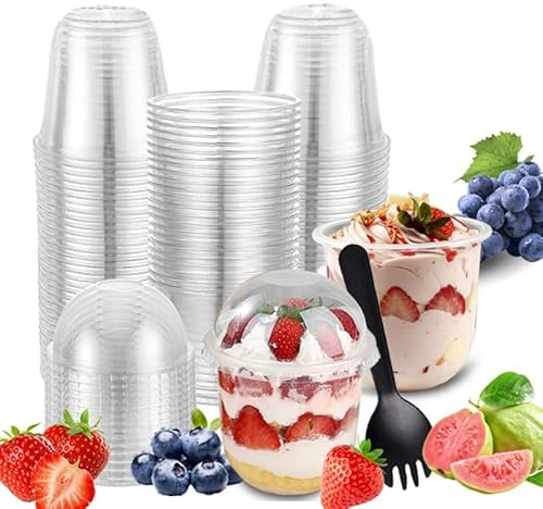 ZoneYan 50 Piezas Taza de Postre Plastico, Vasitos para Postres con Tapa, 250ml, Redondas Vasos de Postre, Vasitos Aperitivos con Cucharas, Plástico Copas de Postres, Redondas Taza de Aperitivos (R)