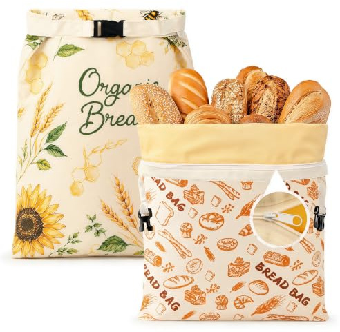 2 Pcs bolsa de pan de cera de abeja 43×33 cm – bolsa reutilizable para pan | Con cremallera y correa, algodón y lino con revestimiento de cera para pans de masa madre y pans casero
