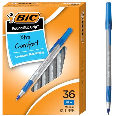 BIC Round Stic Grip Xtra Comfort Blue Ballpoint Pens, 36-Count Pack