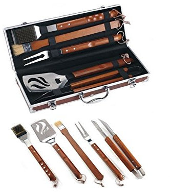 Ompagrill Set Kit Accessori 5 pz griglia Barbecue BBQ Attrezzi Inox Legno con Valigetta