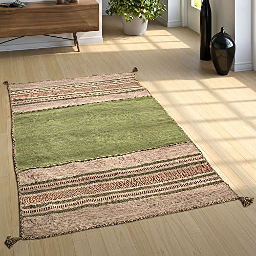 Paco Home Wohnzimmer Natur Teppich m. Fransen, Handgewebter Muster Kelim, 100% Baumwolle, Grösse:60x110 cm, Farbe:Grün
