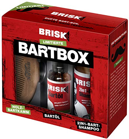 BRISK Bart GESCHENKSET (limited edition) - Set bestehend aus: 1x Bart-Öl 30 ml + 1x Bart-Shampoo 150 ml + 1x stylischer Holzkamm, 180 ml