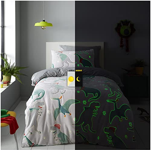 GC GAVENO CAVAILIA Teddy Fluffy Duvet Cover, Cuddly Glow In Dark Dinosaur Bedding Set, Fleece Single Quilt Covers, Grey
