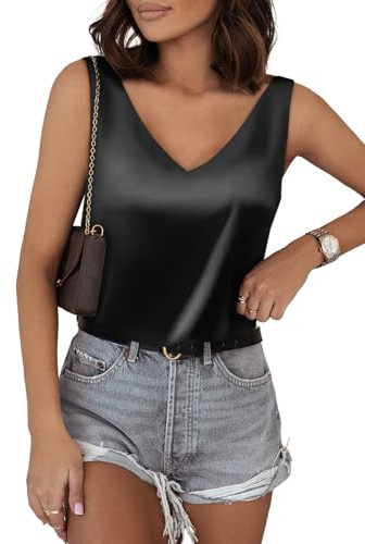 BLENCOT Womens Summer V Neck Silk Tank Tops Satin Sleeveless Blouses Basic Camisole Shirts Black X-Large