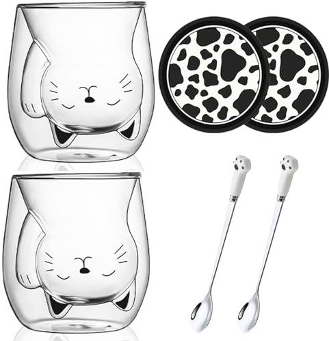 Arawat 2 Set Tasse Chat Verres à Double Paroi Avec Anse Chat Cadeau Pour Femme Tasse à Café Tasses Tasses Verres à Boire Chat Verres à Thé Tasses à Espresso