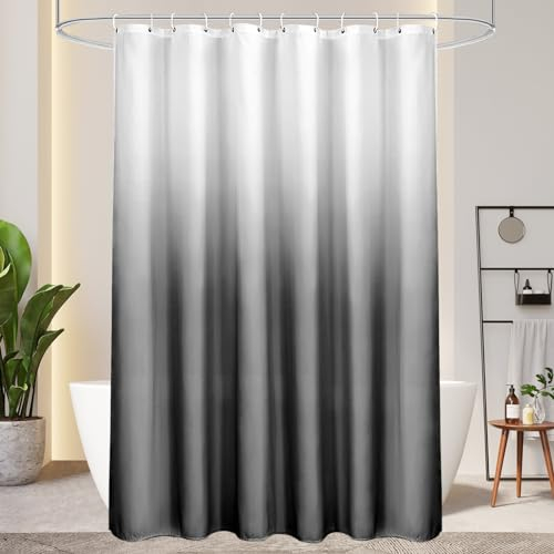 AooHome Duschvorhang 180X200cm Textil, Grau Duschvorhänge 120g/m² Farbverlauf Badvorhang Wasserdicht Waschbar Antischimmel mit 12 Duschvorhangringen(Weiß nach Schwarz)