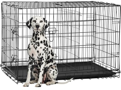 FDW Extra Large Dog Crate Dog Kennel Cage with Double Door,48 inch Folding Metal Wire Dog Cage with Removable Tray&Divider Panel,Pet Crate for Large Dogs,Black