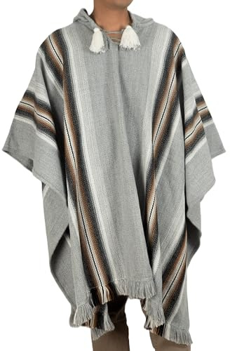 DILUKA Poncho da uomo in alpaca, realizzato a mano in Perù, stile tradizionale delle Ande, taglia unica, caldo per l'inverno e l'outdoor, lana di alpaca del commercio equo e solidale, grigio chiaro