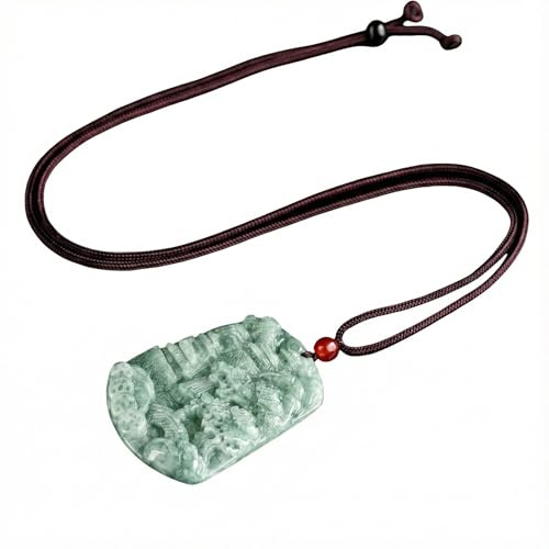 Wyvix Ciondolo con paesaggio in giadeite di grado A, collana Shan Shui intagliata a mano, amuleto giada fagiolo verde oleoso for carriera e ricchezza