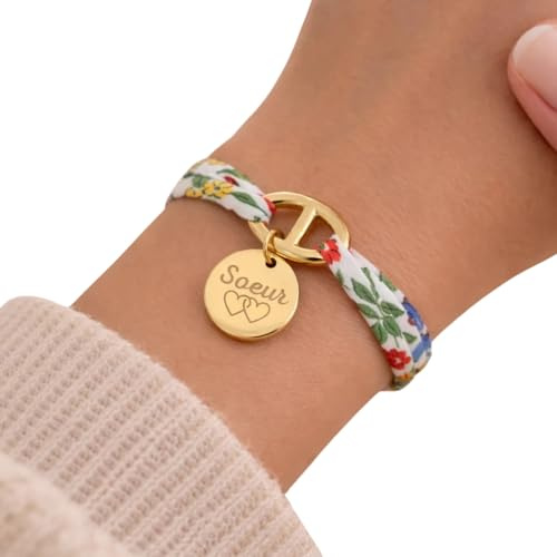 creabibenval Bracelet Liberty avec Fermoir Marine Doré ou Argenté Médaille Gravée – Cadeau Marraine Baptême, Naissance