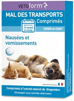 VETOFORM | Mal des Transports Chien & Chat | 30 Comprimés | Aide Contre Nausées et Vomissements en Voiture, Train ou Avion | À Donner 1h Avant Le Voyage | Formule Naturelle | Laboratoire Français