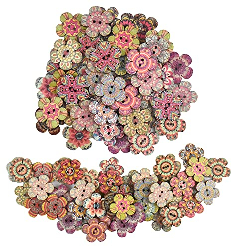 100 Stück Bunte Vintage Knöpfe 25 mm und 20 mm mit 2 Löchern Handmade Retro Blumenform Holzknöpfe für Kinderkleidung Nähen Handwerk DIY Deko