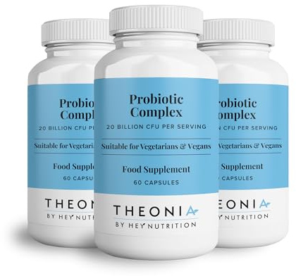 Theonia Probiotic Complex Supplement - 20 Billion CFU - Suitable for Vegetarians & Vegans - Supports Gut & Skin Health, Improves Immune Response - UK Manufactured - 3 Pack - 180 Vegan Capsules