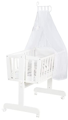 roba Babywiege 40 x 90 cm aus Holz - Fox & Bunny - Stubenwagen & Wiege mit Rollen - Bett Set komplett mit Feststellfunktion - Inkl. textiler Ausstattung - Holz weiß