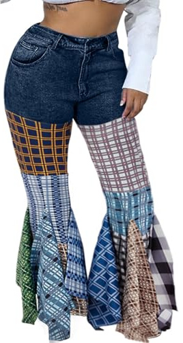 ThusFar Women High Waist Patchwork Flare Jeans Plaid Bell Bottom Ruffle Hem Denim Long Pants Trousers