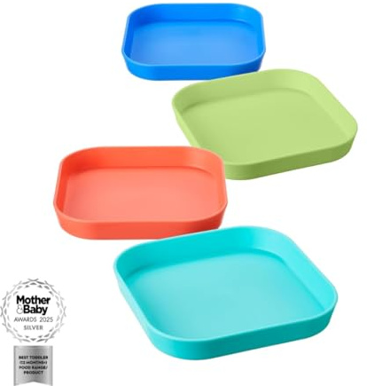 Nuby Good Square Meal Toddler Weaning Plates - Durable | Dishwasher Safe | Self-Feeding (Pack of 4)