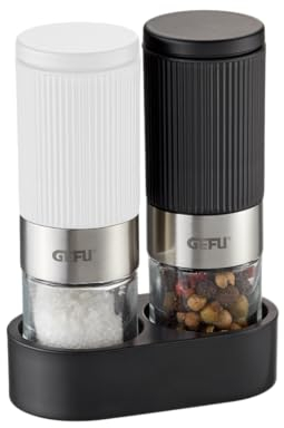 Gefu Salz- und Pfeffermühle TUSOME weiß und schwarz – 2 Mini Gewürzmühlen mit Untersetzer