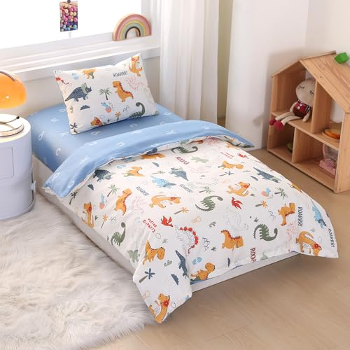 Set di biancheria da letto in 100% cotone, 3 pezzi, con stampa di animali carini, per culla, per cameretta dei bambini, con lenzuolo con angoli, copripiumino e federa