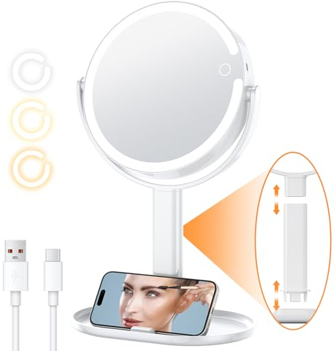 Gospire 8'' Schminkspiegel mit Beleuchtung, Kosmetikspiegel 10fach, 80 LED Kosmetikspiegel mit Vergrößerung, 3 Farben licht, 360° Drehbar Doppelseitig Vergrößerungsspiegel, Weiß