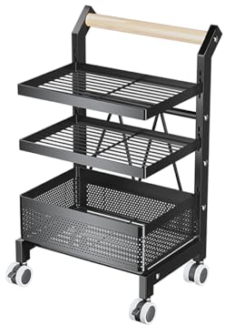Heikoeco® Servierwagen Küchenwagen mit Rollen, Gemüseregal Metall, Obst Aufbewahrung, Rollwagen Allzweckwagen für Küche Bad Wohnzimmer, Pfanne Topf Organizer (Schwarz, 3 Ebene)