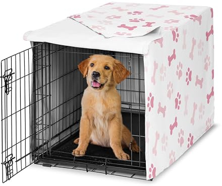 Sweet Jojo Designs Bone Paw Print Girl Dog Crate Cover – Kennel Covers for 36 Inch Pet Cage Medium - Light and Bright Hot Blush Pink Modern Off White Puppy