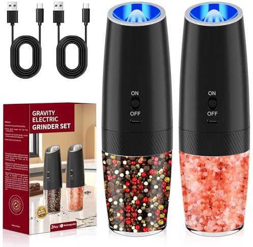 Macina Sale e Pepe Eettrico, Macinapepe Elettrico a Gravità con Ricaricabile USB, Macina Pepe Automatico con Luce LED, Grossa Regolabile, Macinapepe per Cucina, Ristorante e Barbecue (Set di 2 Pezzi)